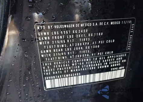 2019 Volkswagen Tiguan 2.0T S z USA, uszkodzony, nr VIN 3VV0B7AX1KM042483